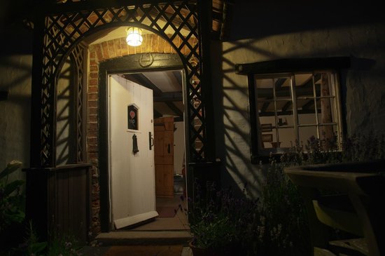 front door at night with security light