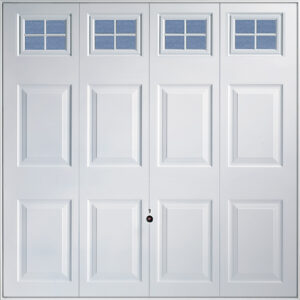 Close up detail of a Georgian style up and over garage door with windows