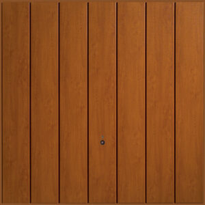 Detail on an up and over garage door showing golden oak wood grain effect