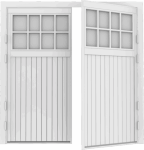 Close up detail of a side hinged door with top glazing above vertical panel design