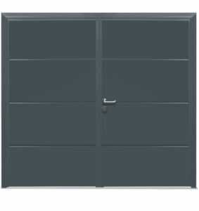 Style detail of a solid horizontal smooth side hinged garage door