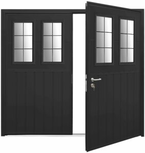 Style detail showing top glazed vertical rib design with a smooth finish on a side hinged garage door