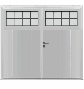 Style detail showing a traditional centre rib vertical design on a side hinged garage door 