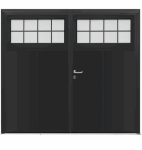 Style detail showing traditional glazing on a solid vertical panel designed side hinge garage door