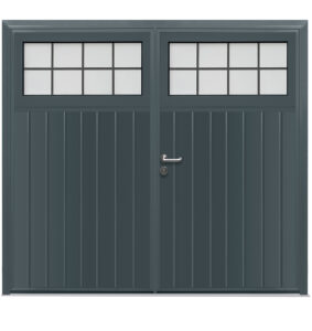 Detailing of a traditionally glazed standard vertical ribbed side hinge garage door