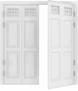 Close up detail of a side hinged door with glazing above a regency design