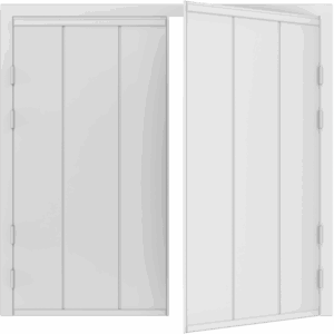 Close up detail of a side hinged door with wide vertical panel design