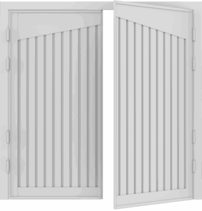 Close up detail of a side hinged door with vertical thin panel design and tapered top section